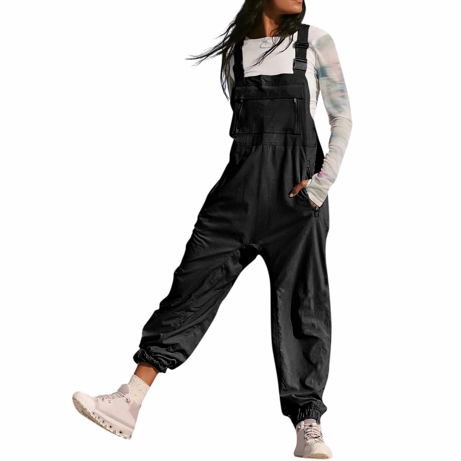 Classic Solid Color Women\'s Sleeveless Overalls Jumpsuit Casual Loose Adjustable Straps Bib Long Pant Jumpsuits With Pockets