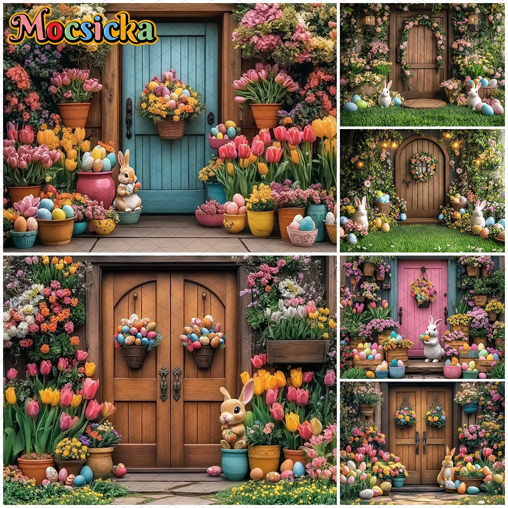

Mocsicka Easter Photo Background Spring Flowers Party Egg Rabbit Potted Plant Decorations Baby Kid Birthday Photography Backdrop