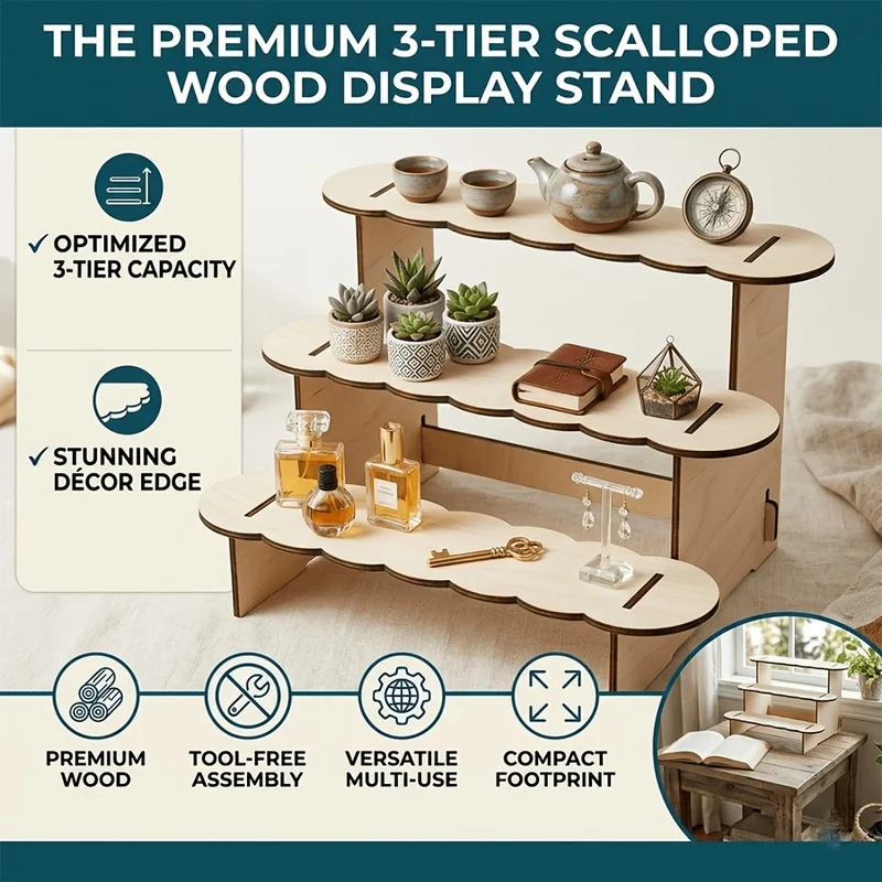 3-Tier Desktop Wooden Storage Rack with Multi-Layer Design, Wooden Tabletop Display Stand, Multi-Tier Holder for Books