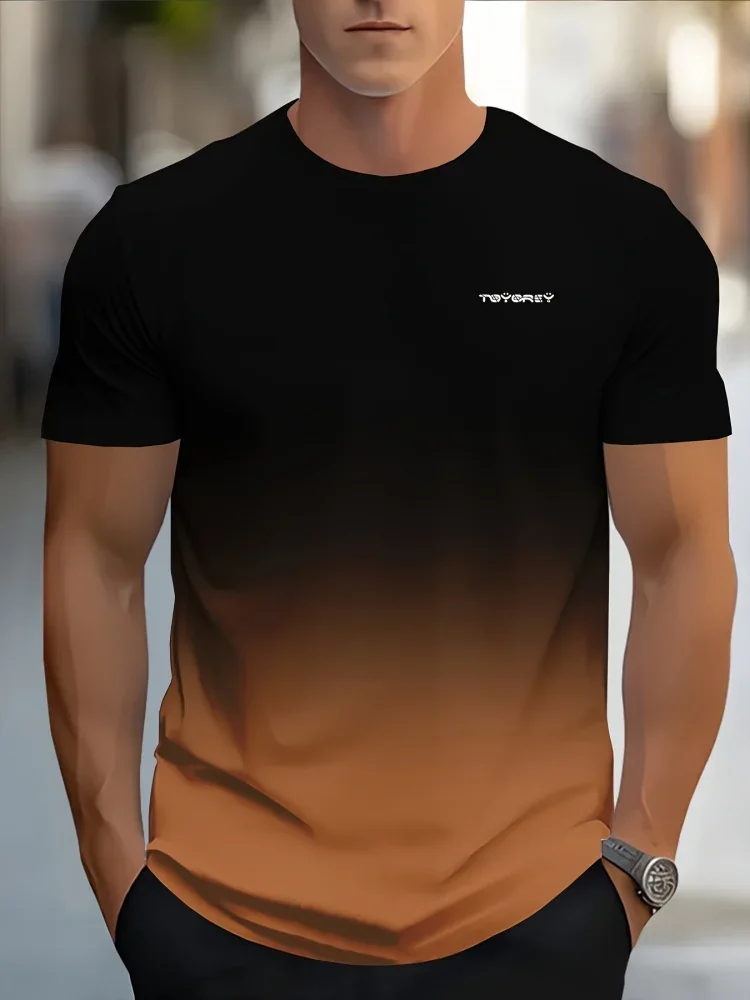Fashion Men's Gradient Style T-Shirt 3D Letter Print Tee Daily Casual Streetwear Crew Neck Short Sleeve Basic Man Tops