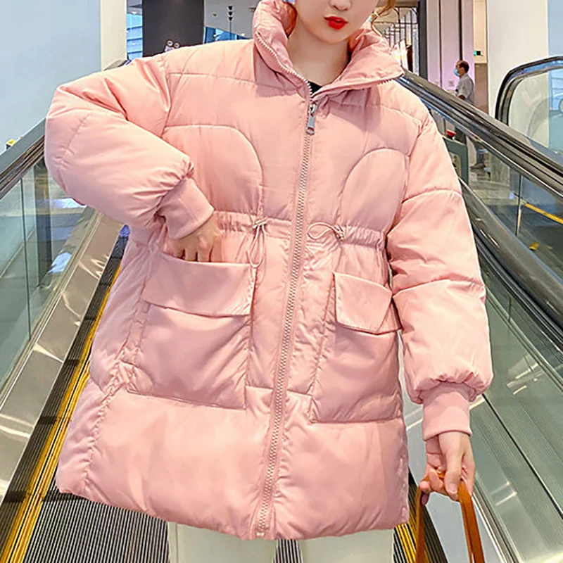 

Stand Collar Drawstring Zipper Bread Parkas Winter Fashion Loose Casual Women Thicken Jacket Elegant Female Down Cotton Coat