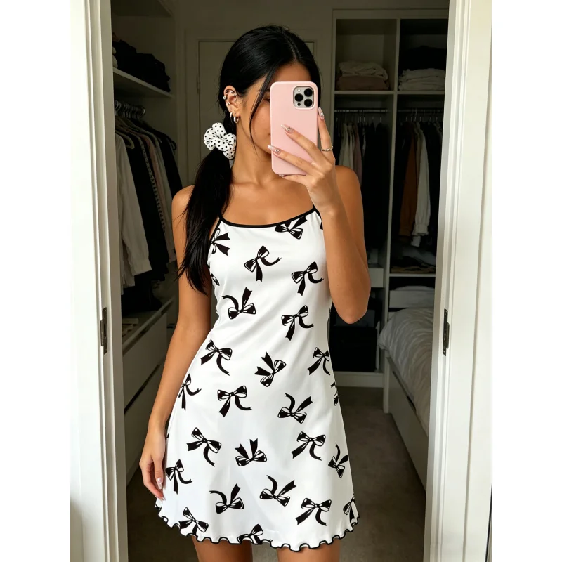 Women Summer Nightdress Spaghetti Strap Ruffle Trim Round Neck Home Loungewear Sleep Dress Cute Bow Print
