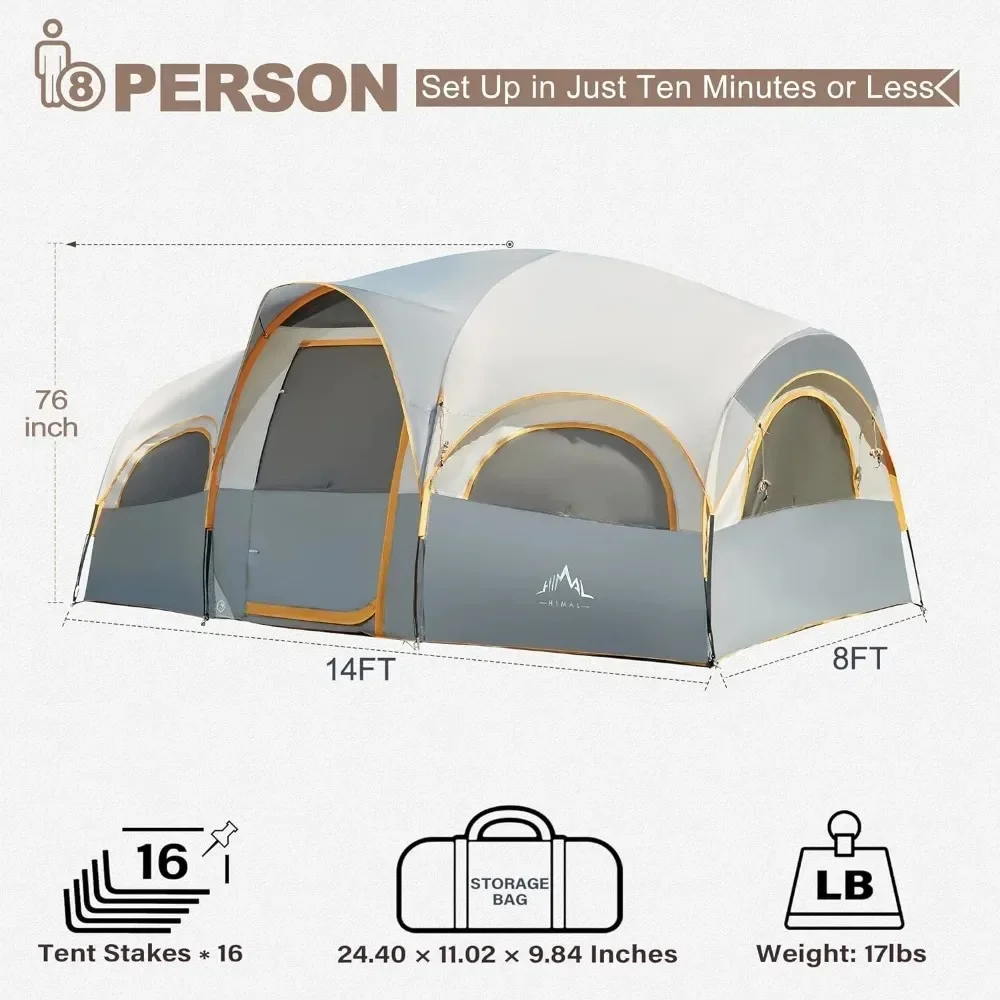 8 Person Tent for Camping, Waterproof Windproof Family Tent with Rainfly, Divided Curtain Design for Privacy Space