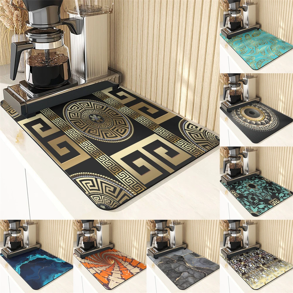 기하학 스타일 컵 받침 접시 건조 랙 식기, 격자 인쇄 규조토 컵 받침, 주방용 건조 매트 