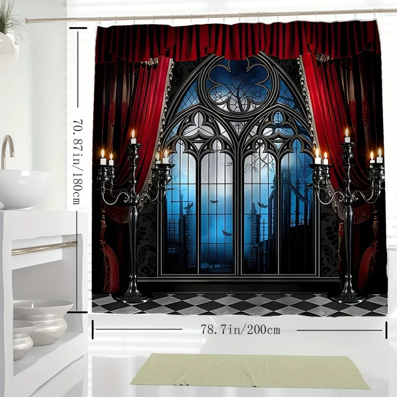 YWJHUI Horror Castle Floral Pattern Digital Print Shower Curtain, Water-Resistant Polyester Bath Curtain with Hooks, Machine Was