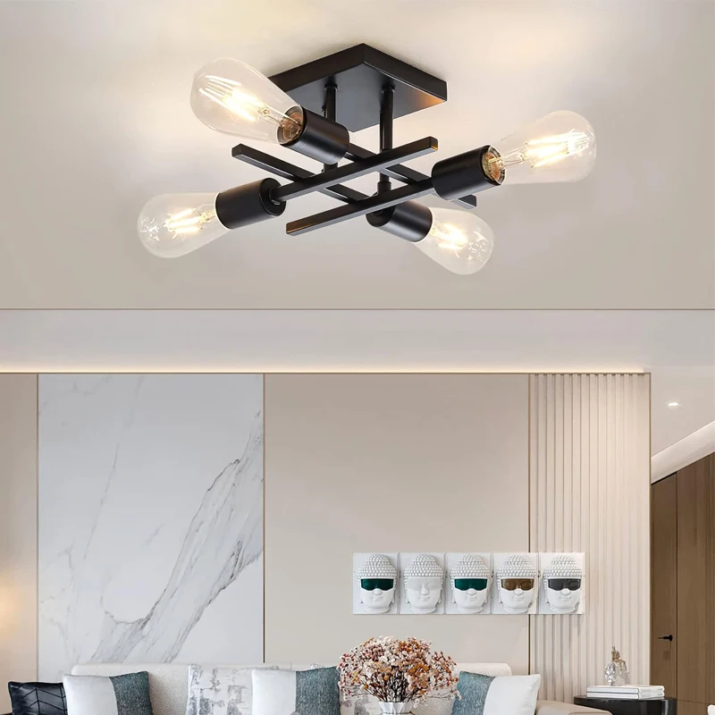 Modern Nordic 4-light ceiling light, E27 bulb base, living room, bedroom, study pendant light (without bulb)