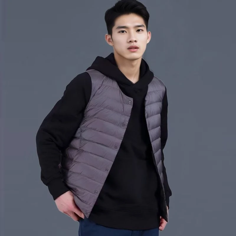 Men's Autumn Winter Lightweight Collarless Vest Inner Wear Round Neck Sleeveless Cotton Padded Liner Short Waistcoat