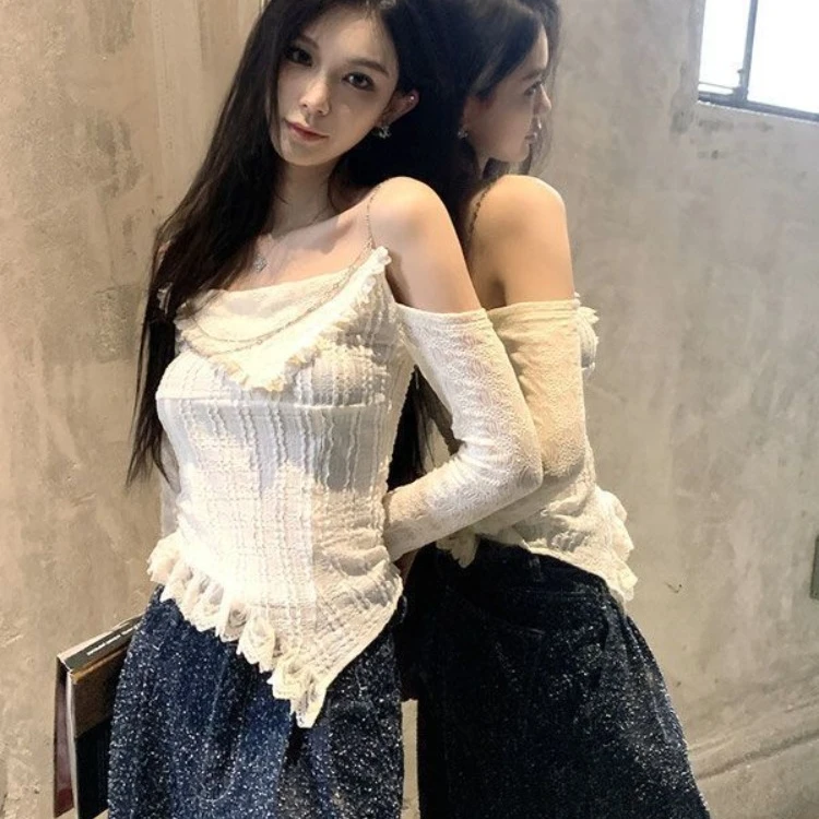 Fashion Sexy Off Shoulder Chains Lace T-shirts Y2k E-Girl Long Sleeve Knitted Blouses 2024 Summer New Slim Fit Tee Shirt Sweater