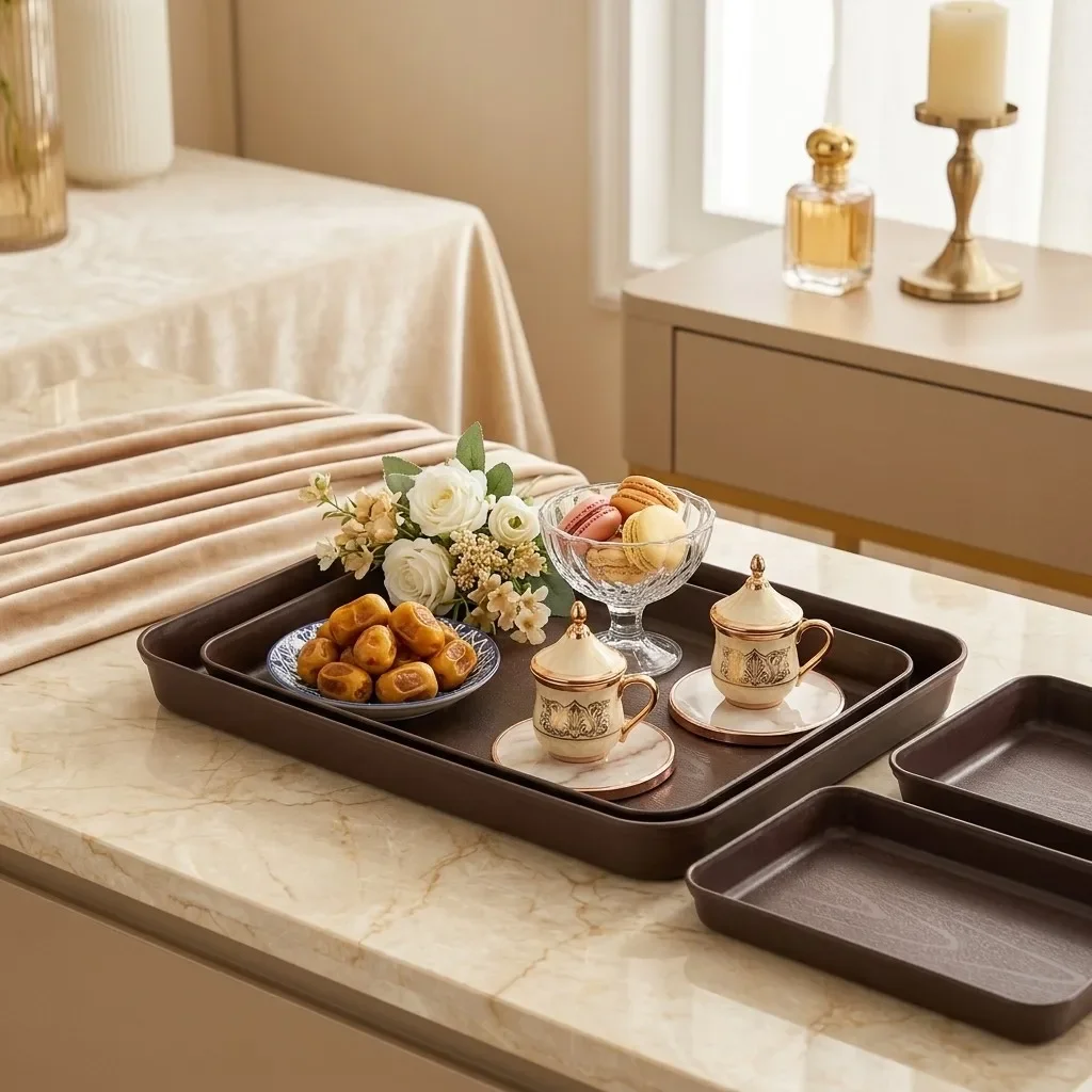 Plastic Serving Tray Rectangular Faux Wood Non-Slip Nesting Fruit Food Plate Dishwasher Safe Dishes Serving Platters Tableware