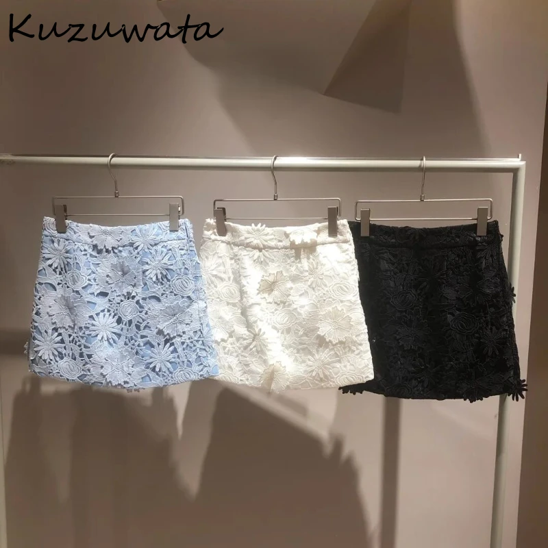 Kuzuwata a-line z wysokim stanem urocza koronka elegancka Faldas Slim Fit z wycięciami trójwymiarowa spódnica w kwiaty japonia nowa Moda Falda