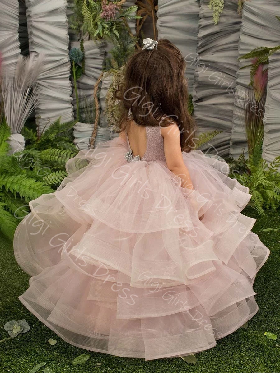 Adorable Ruffled Tulle Princess Flower Girl Dress for Wedding Toddlers Keyhole Back Lace Pageant Birthday Dress Custom Ball Gown