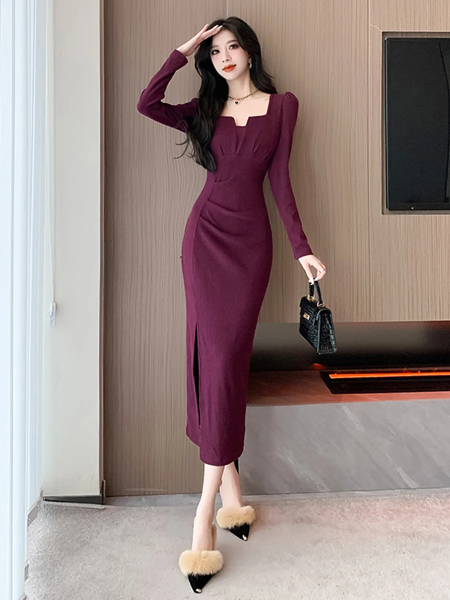 

Ele Retro Square Collar Long Sve Dr Sexy Pleated Waist Cinched Bodycon Split Long Gown for Ladies Sexy Women's Dr