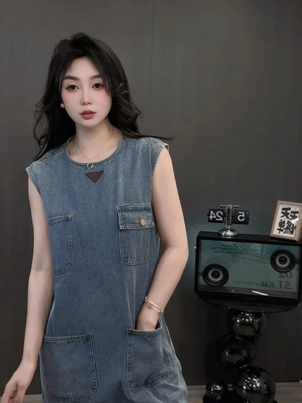 

plus Size 300 Pou Women's Vintage Hong Kong Sle Vest Denim Dr Casual Summer Mid-Length Straight-Line Skirt