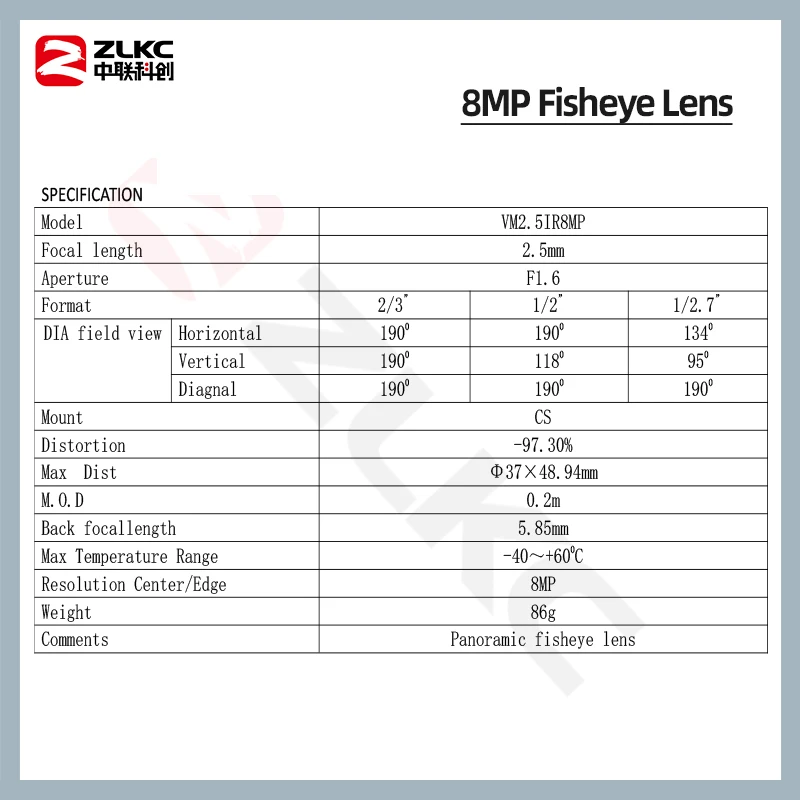 عدسة عين السمكة 8.0 ميجابيكسل HD 2.5 مللي متر ، حامل CS ، عدسة مراقبة CCTV 1080P ، عدسة CCTV 2/3 بوصة F1.6 ، البعد البؤري الثابت