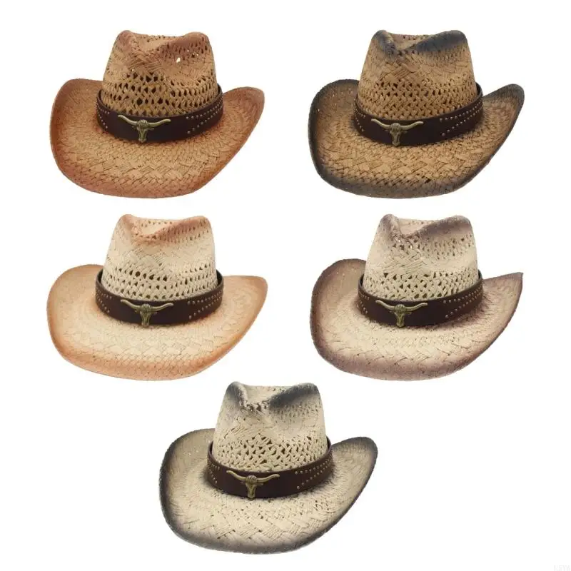 

L5YA Natural Straw Cowboy Hats Western Look Elegant Outdoor Gears Casual Cap For Adults Kids Breathable Sun Protections
