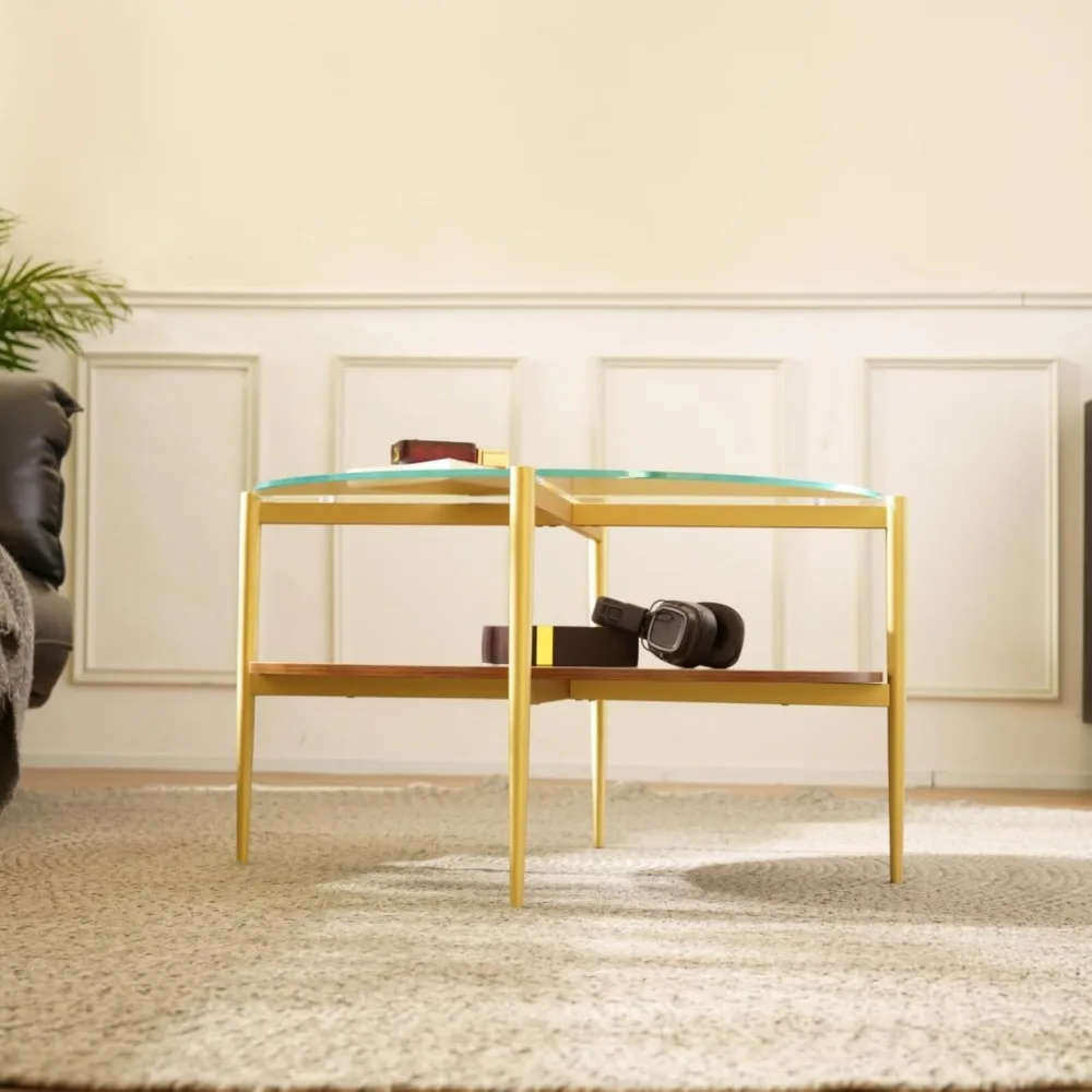 Saint Mossi BLEVIO Glass Round Coffee Table, Middle-Century Modern Style, Perfect for Living Room, Clear Glass Top & Walnut Brow