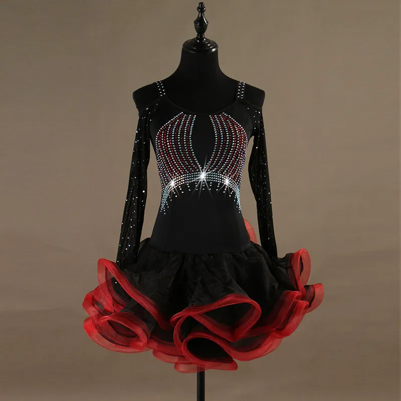 Off Shoulder Long Sleeve Gradient Rhinestone Contrast Ruffle Dance Dress For Latin Dance Competition Stage Performance