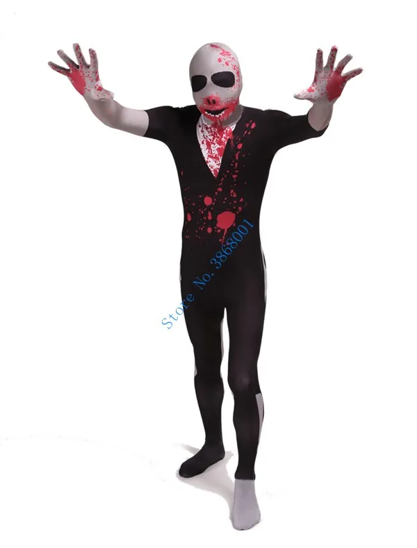 Halloween Horror Cosplay Catsuit Kostuum En Verven Zwart En Wit Rood Bloed Patroon Lycar Volledige Bodysuit