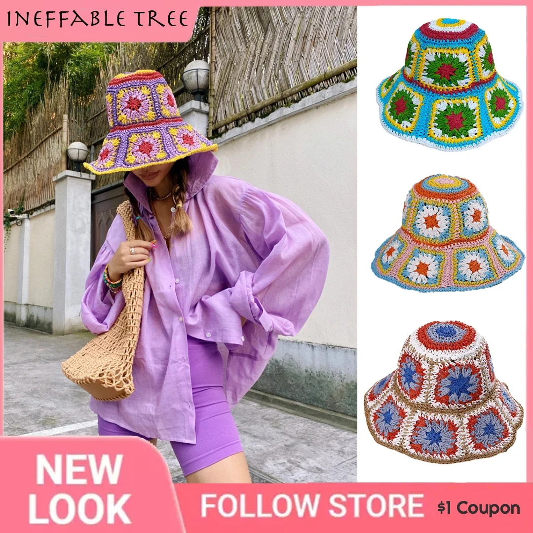 

Summer Ladies Bright Colors Flowers Hand-woven Fisherman Hat Crochet Beach Sun Cap Shade Fisherman Breathable Raffia Straw Gorra