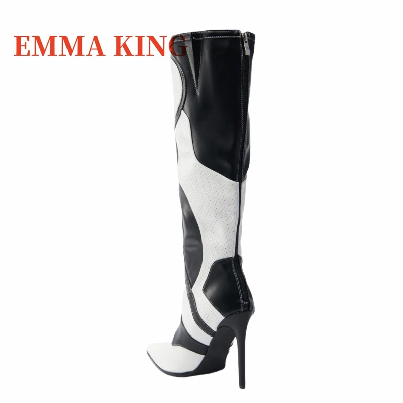 المرقعة النساء حذاء برقبة للركبة مثير مدبب تو كعب ستيليتو أحذية طويلة امرأة الرياضة نمط فارس الأحذية بوتاس دي موهير كبير 44