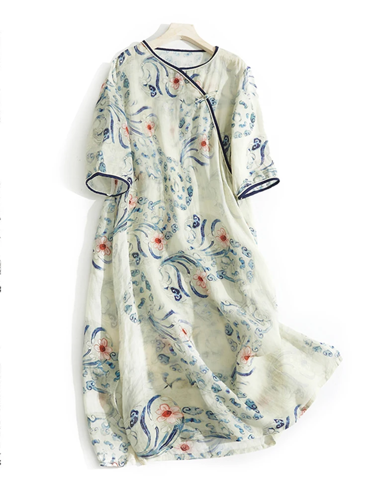 

Summer Vintage f Sve Cotton Linen Print Dr Slimming Chinese Skirt Qinghua Porcelain Floral Pattern A-Line ...