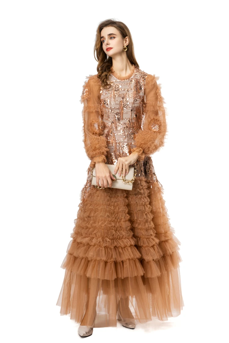 Women's Exquisite Caramel Dress O Neck Sequined Long Tulle Ruffled Sleeves Multi Tiered Ruffled Special Occasions Prom Vestidos