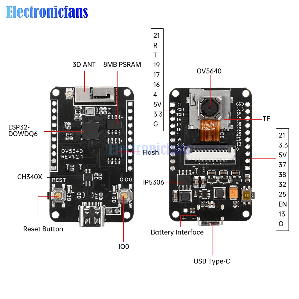 ESP32-CAM Development Board WiFi Bluetooth Module CH340X OV5640 AF-72mm Camera 500W Pixel