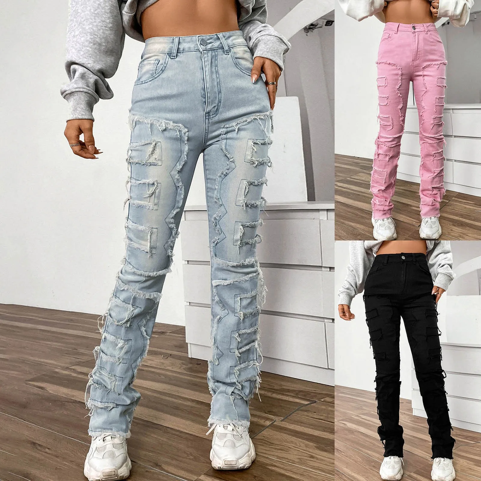 Vintage Y2k High Waisted Jeans Stretch Patch Denim Stacked Straight Leg Embroidered Straight Leg Pants Baggy Jeans For Women