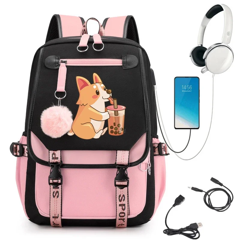 Mochila de dibujos animados de Anime para estudiantes universitarios, morral escolar para ordenador portátil para niñas, Corgi Boba, bolsa de libros de viaje Kawaii para niñas