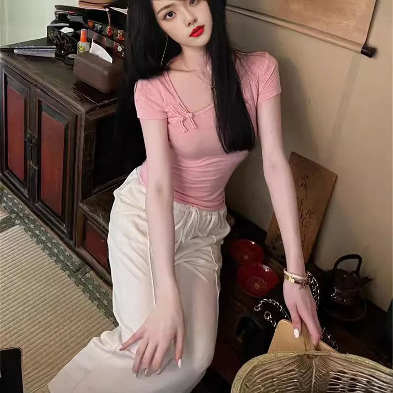 7180 Letnia Nowość Delikatny Styl Zen Jednolity Kolor Asymetryczny Kołnierz Nieregularny Cheongsam Zapinany na Guziki Krótki Rękaw T-Shirt Top