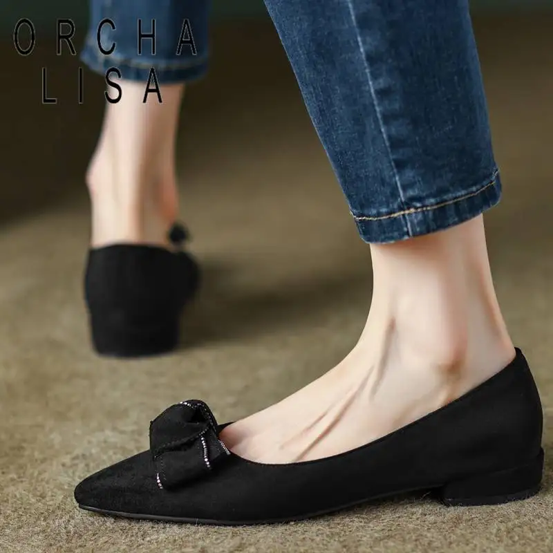 ORCHA LISA Brand Women Shoes Pointed Toe Flock Slip On Bowknot Big Size 40 41 42 43 Soft Daily Solid Ladies Flats