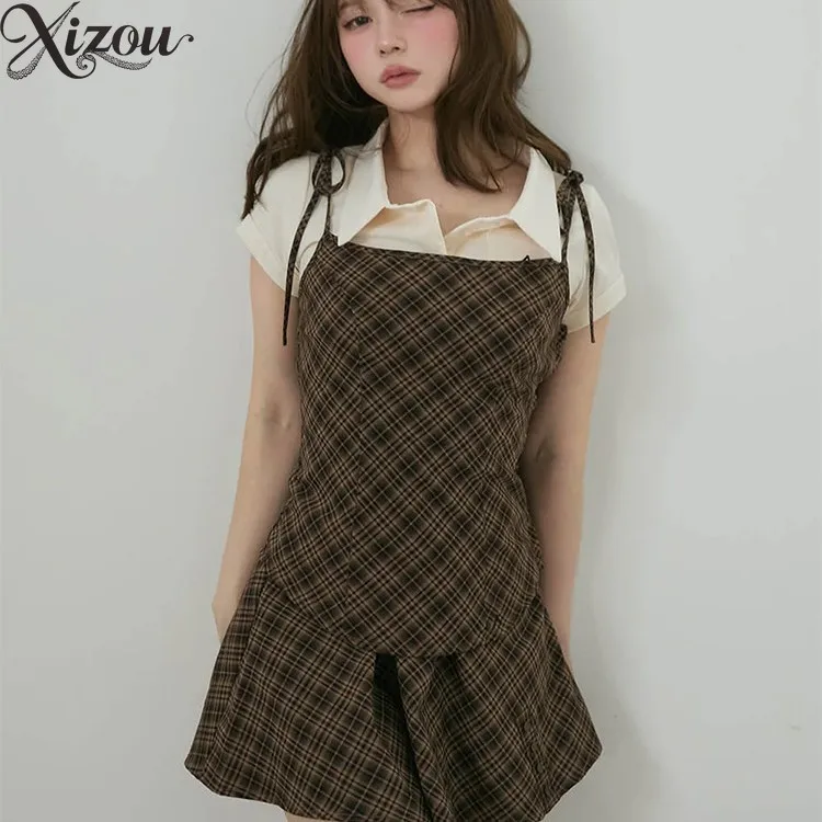 Conjuntos de 3 piezas para mujer, camisa de manga corta de estilo japonés + camisola a cuadros + falda a cuadros, traje informal elegante para mujer de verano