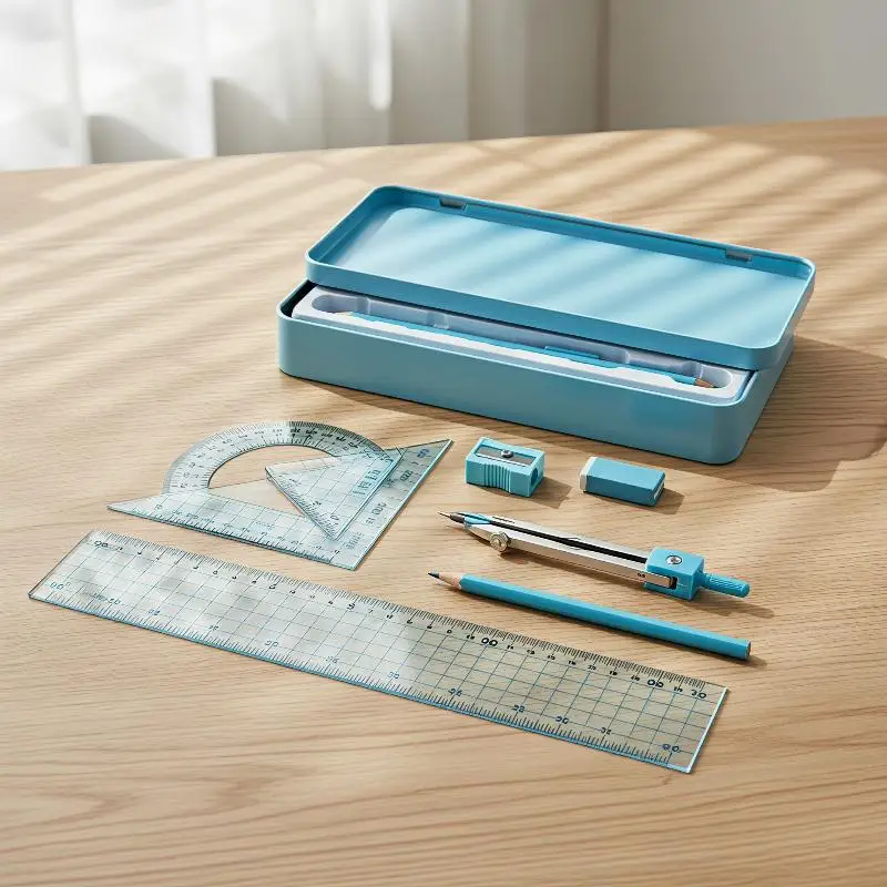 Complete 8 Piece Geometry Math Stationery Kit Ruler Compass Pencil Ideal for Students Classroom Drawing Exam