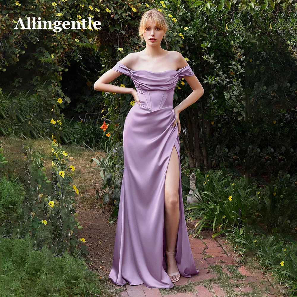 Allingentle Off Shoulder Evening Dresses For Women Satin Bridesmaid Dress Ruched Mermaid Prom Party Gown Floor-Length Customized