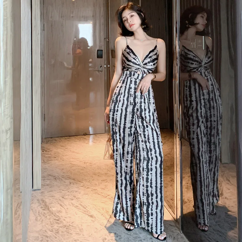 Pantaloni sexy in V in un unico pezzo Pantaloni estivi da donna con stampa leopardata liscia Dra a gamba larga Casual a vita alta in fibra di poliestere