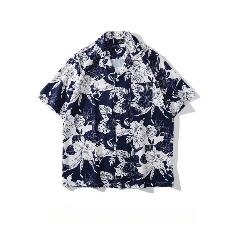 Summer Men's Flip Collar Short Sleeve Hawaiian Vitage Floral Shirt Fashion Handsome Loose Beach Holiday Printed Shirt Jacket