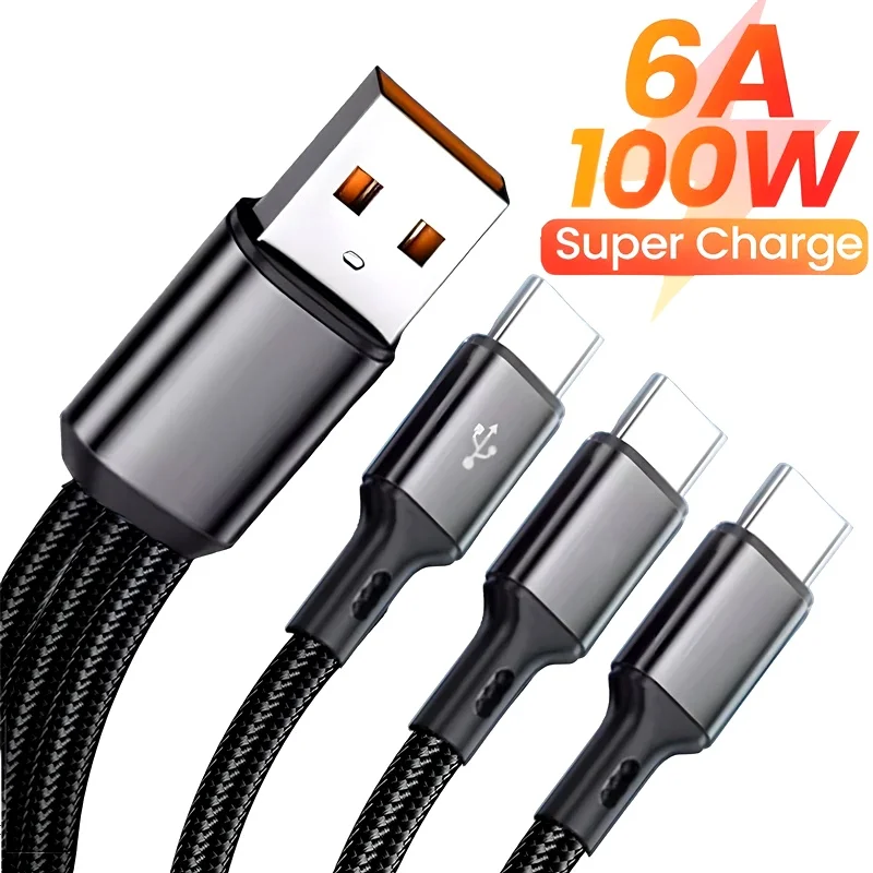3 In 1 100W 6A USB-A to 3 ×Type-C Fast Charging Data Cable For iPhone 17 Samsung Xiaomi Android Phone USB C Data Transfer Cord