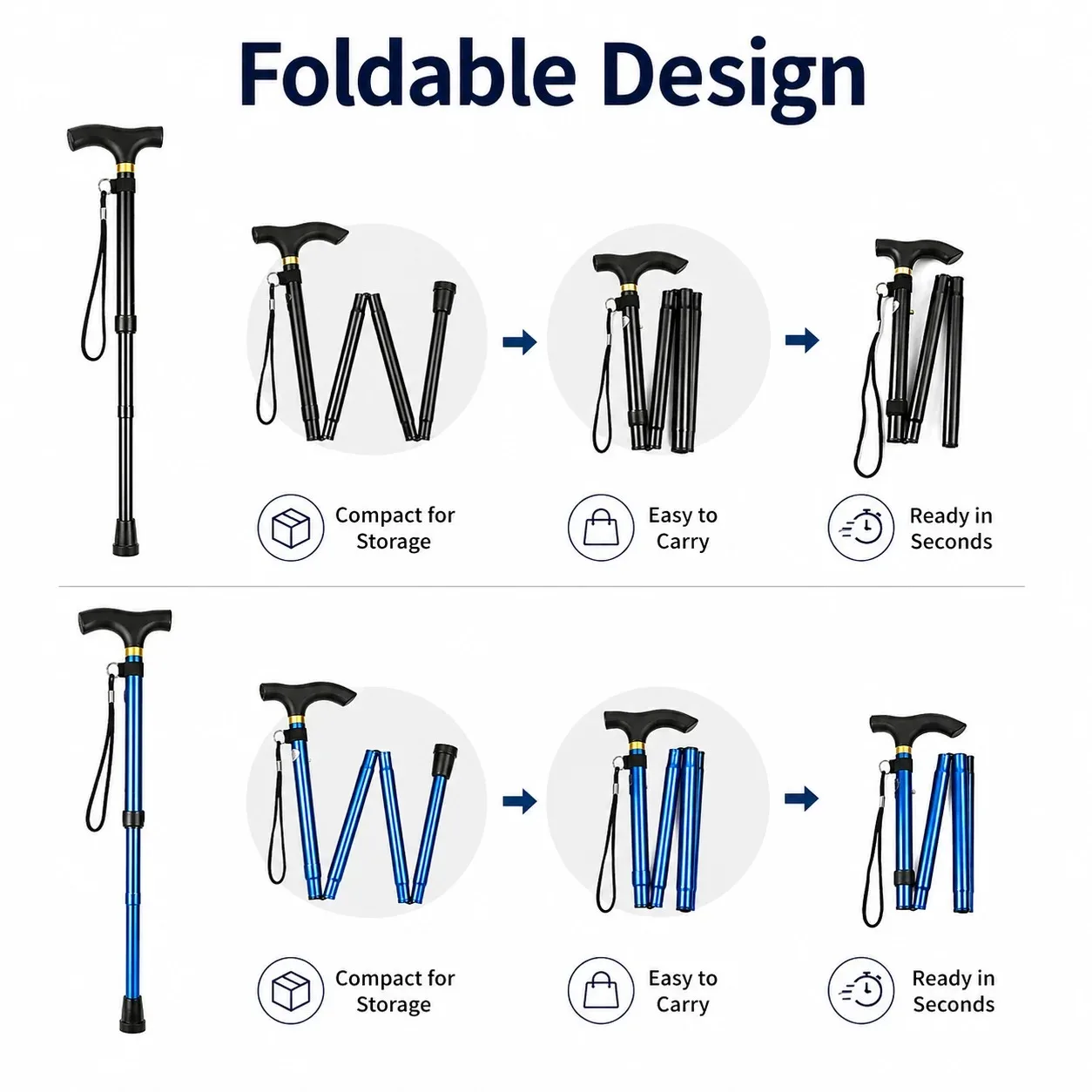 Folding Walking Cane Lightweight Adjustable Portable Travel Walking Stick with Wrist Strap Rubber Tip Blue Black for Daily Trips