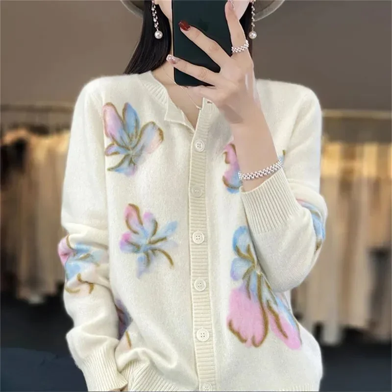 

Pop Pop Flower Knitted Cardigan For Women Spring Autumn Jacket New Beautiful Top With Long Sleeves Sweater Outerwear Beige Top F