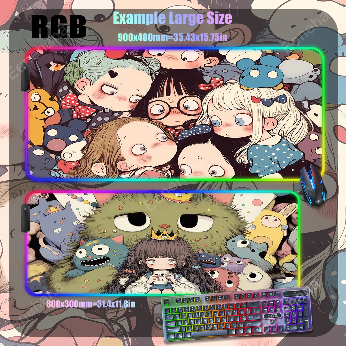 Pequeno Monstro LED Backlight Gamer Playmat, RGB Mouse Pad, Tapete de Mesa Mecânica, Kawaii, apto para Teclado de Computador, Gato Preto, Menina, XXL