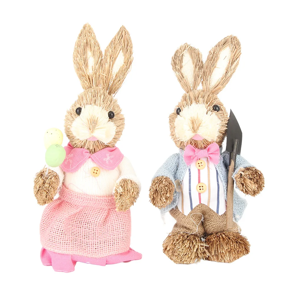 2PCS Creative Straw Rabbit Bunny Ornament Easter Party Decorations Home Garden Wedding Decor Crafts Props Children Gift 25/35cm