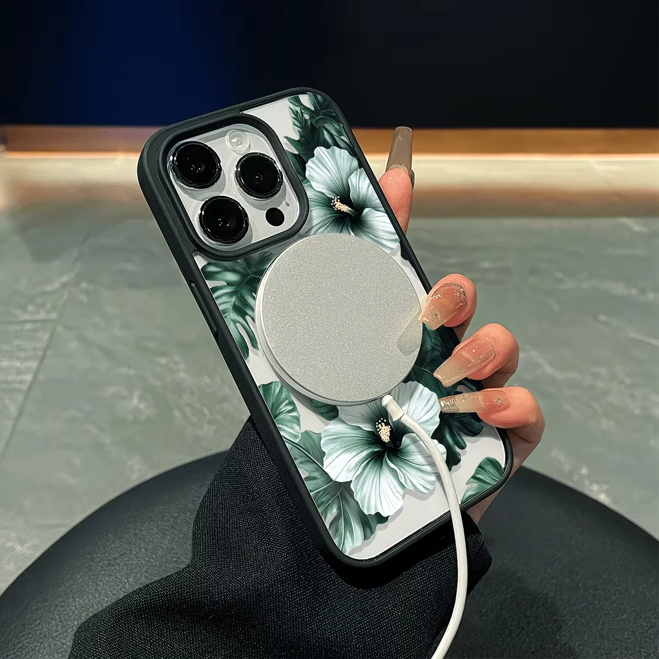 Green Floral Print Phone Case For iPhone 17 16 15 14 13 12 11 Pro XS Max X XR Plus Mini Air 17e 16e Clear MagSafe Magnetic Cover - view 5