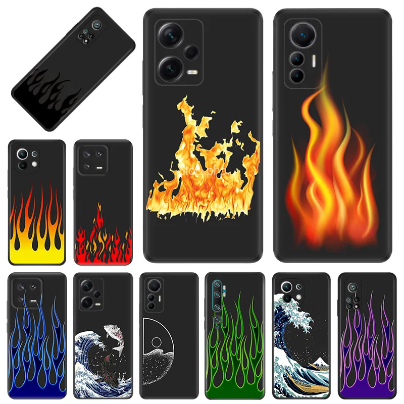 Phone Case for Xiaomi 13 12 12x 12t Redmi Note13 Note12 13c 12c 12s Yellow Red Green Flame Sea wave Soft Black Anti-Drop Cover