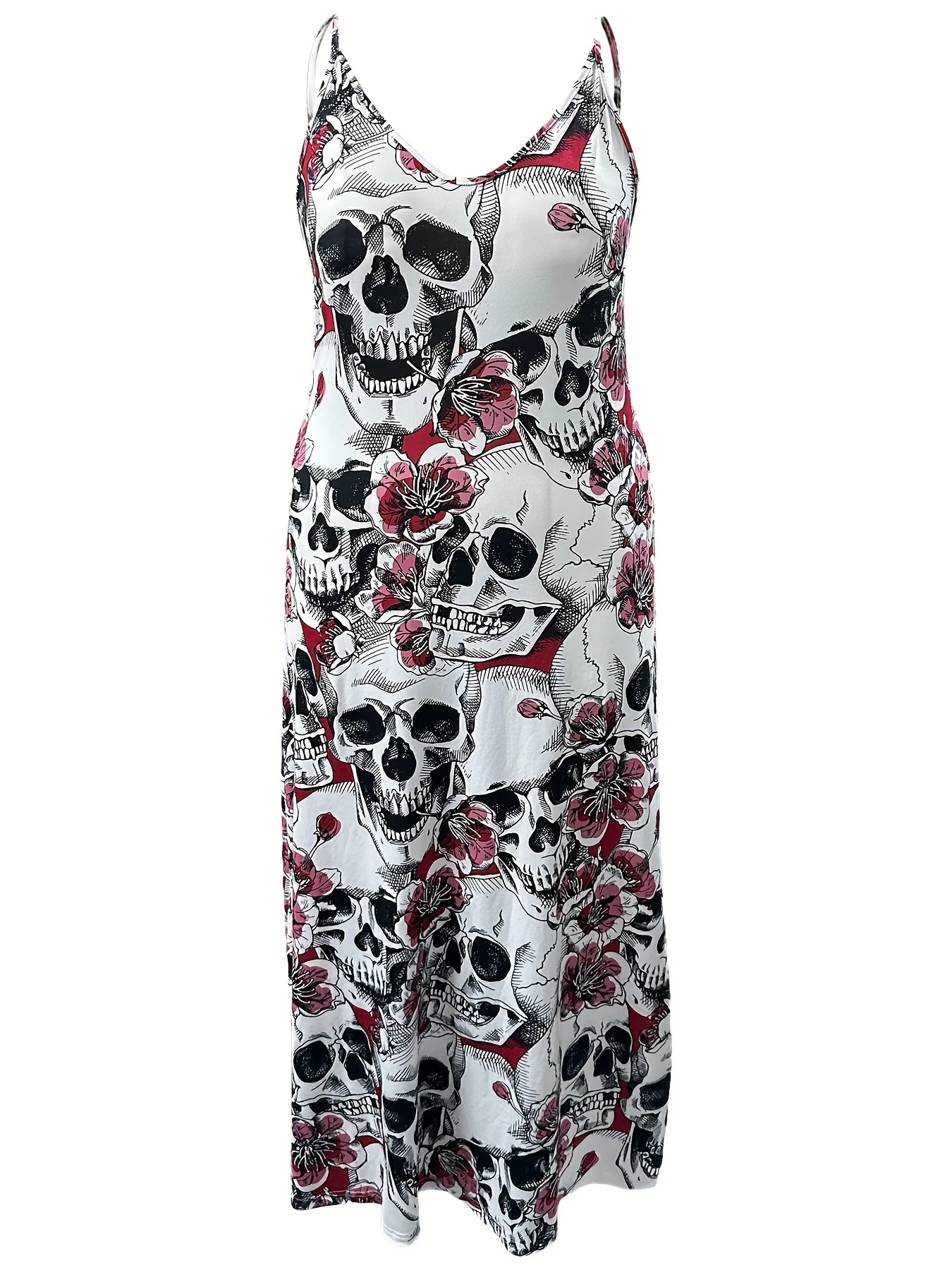 Plus size loose summer high-end design trend fashion gothic dopamine niche print skull head V-neck strap dress for women