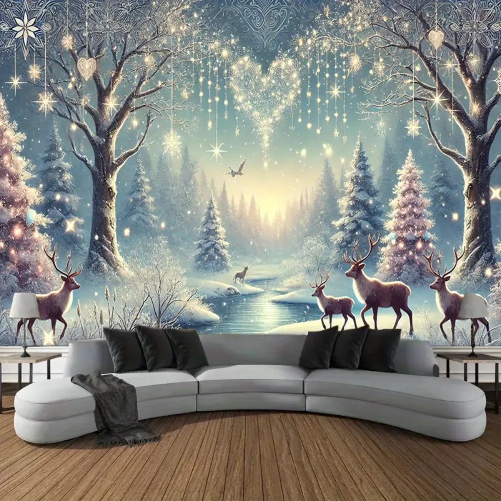 2D Flat, 1pc Extra Large Self-Lit Winter Scene Tapestry - Glowing Twinkling Lights & Starry Sky Wall Hanging with Reindeer Snowy
