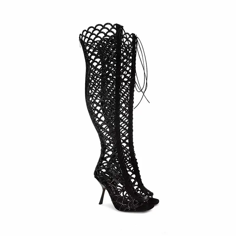 

Peep Toe Rhinestone Straps Knee High Sandals Boots Lace Up Stiletto Heels Shiny Upper Hollow Mesh Sexy Women Fashion Design Shoe