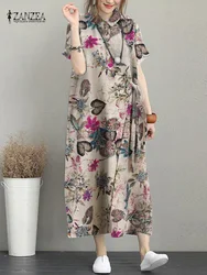 Letnia kwiecista koszula z nadrukiem sukienka ZANZEA damska artystyczna sukienka letnia na święta Retro dekolt z klapami z krótkim rękawem Vestidos Vintage Kaftan