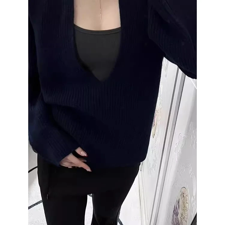 Extra Large 300 Pou High-End Unique Chic Men's Sweater Spring Autumn V-Ne Wide Ne Lazy Sle Long Sve Trendy Top