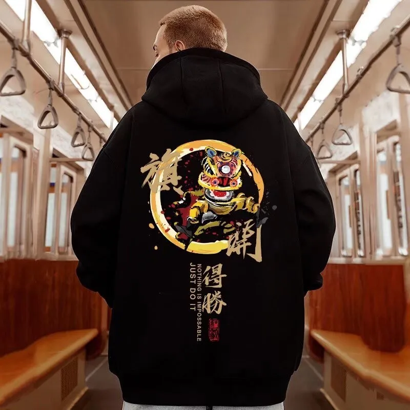 

【Молстовки M-8XL】Мужской пуловер большого размера с капюшоном, модная свободная одежда в китайском стиле с принтом льва и длинными рукавами для пар