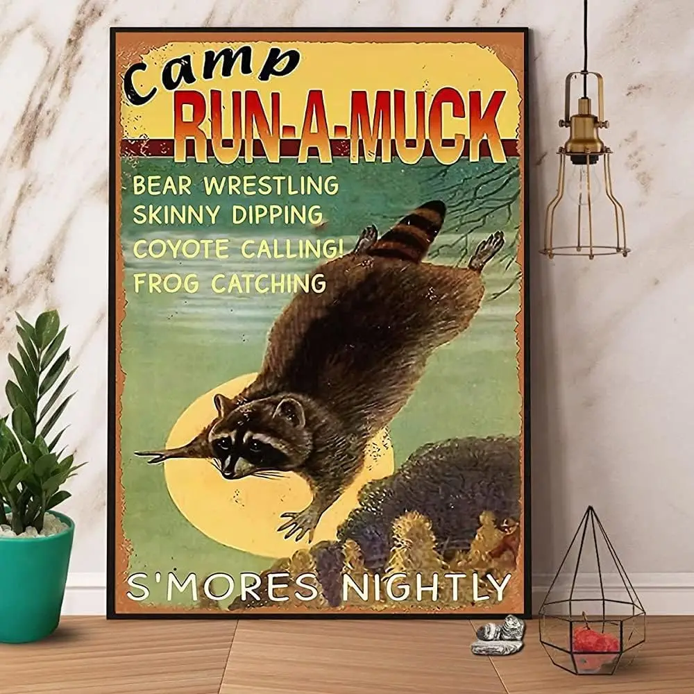 Metal tin Sign Plaque Raccoon Camp Run A Muck S‘Mores Nightly Retro Metal Tin Signs Vintage Aluminum Sign for Home Bar Metal Dec